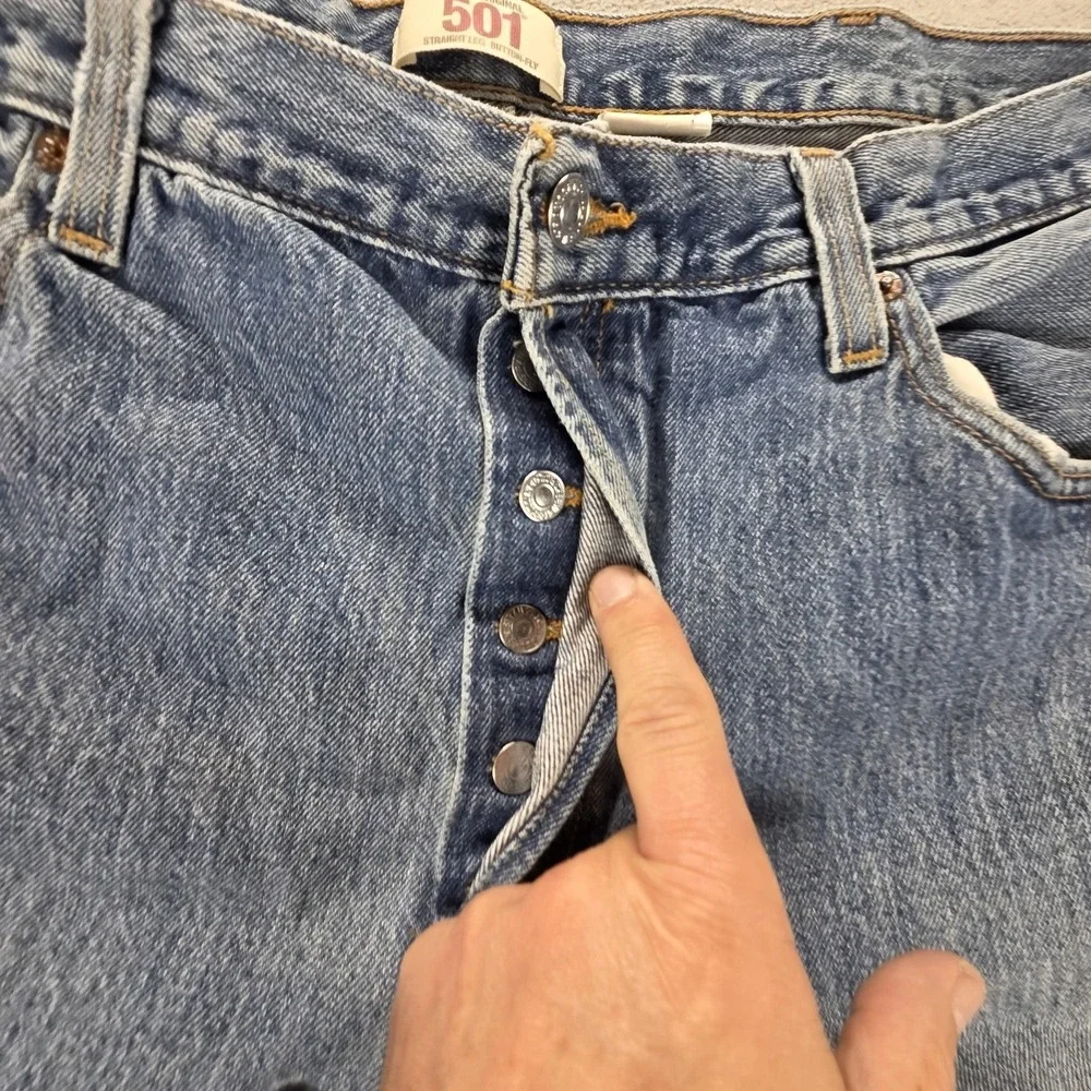 Levis‎ 501 Jeans Mens Blue Straight Button Fly Distressed Denim Fits 38x30